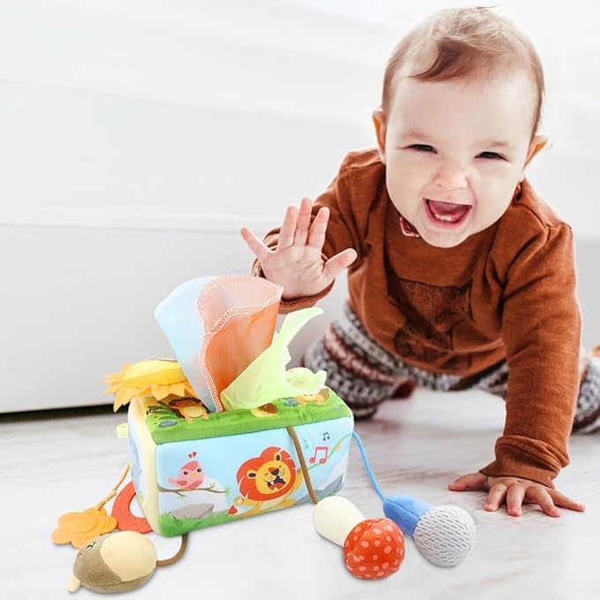 Caterbee Baby Sensory Tissue Box Toy with Hanging Hook – Pull Out Fabric Tissues, Rattle & Teether, Montessori Stroller & Car Seat Toy for Infants (Forest)