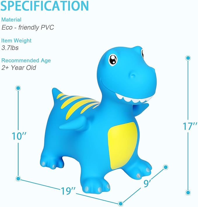 INPANY Bouncy Horse, Dinosaur Hopper Toys, Toddler Bouncing Animal, Dinosaur Party Decorations, Kids Inflatable Ride on Rubber Bouncer, Outdoor Cool Birthday Gift for 2 3 4 Yr Boy Girl Blue