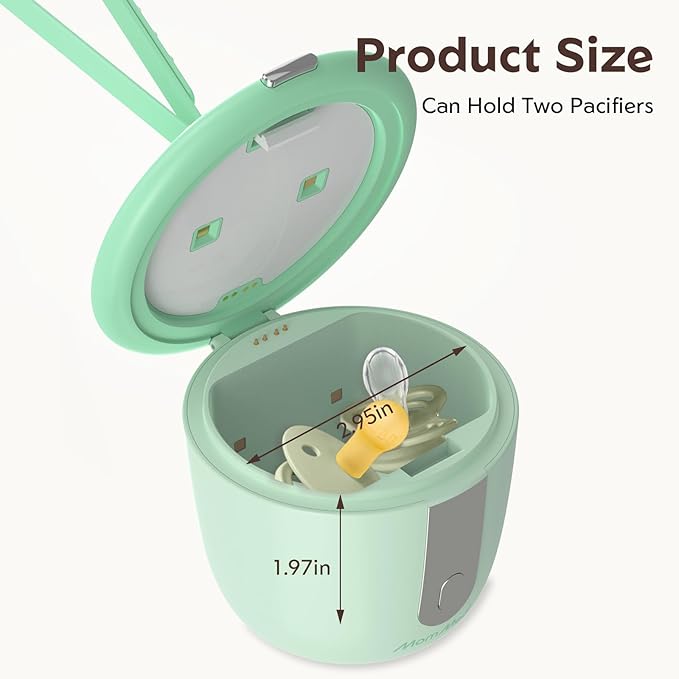 MomMed Portable Pacifier Sanitizer with Smart Display, Dual 60/180s Disinfection Modes, Auto Shut-Off, UV Pacifier Holder Case for Baby Pacifiers, Teethers, Bottle Nipples and More(Green)