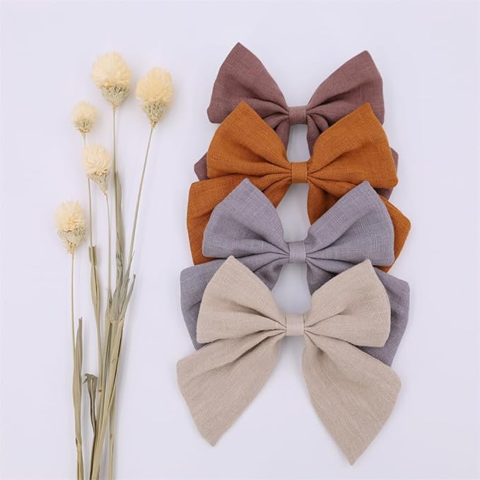 4 PCS Sailor Bow Hair Clips for Kids Girls Women Linen cotton Hair Bow Alligator Clips Baby Toddler Girl Mom Hair Accessories (Beige/Gold)