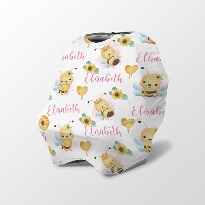 Personalized Baby Car Seat Cover Stroller Canopy: Custom Name Newborn Baby Boy Girl Elastic Bee Nursing Cover for Moms First Birthday Gift(one Size)