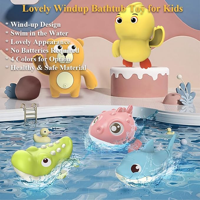 4 PCS Wind-Up Shark Bath Toys for Toddlers – 4-Pack Animal Swimming Water Toys, Battery-Free Wind Up Floating Bathtub Toys for Baby Boys Girls, Fun Shower Pool Gift Set (Shark)