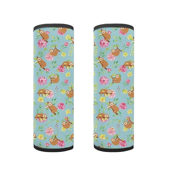 ENLACHIC Kids Car Seat Belt Cover, Cute Cartoon Animal Print Baby Car Seat Strap Pads Infant Car Seat Protector Car Accessories Universal All Cars,Sloth Flower