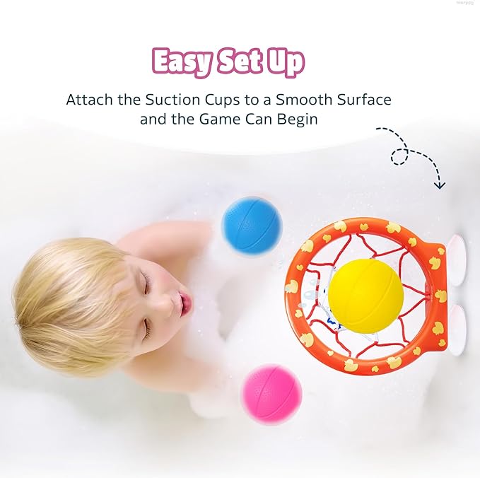 MARPPY Bath Toys - Bathtub Basketball Hoop for Toddler Kids - Mold-Free Bath Toys with Strong Suction Cups and 3 Colorful No-Hole Balls - Fun Shower and Bathtub Toy for Toddlers