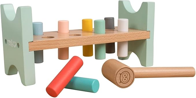 Owl & Fox Wooden Hammering Bench, Imitation Play Bench with Hammer and Pegs, Montessori Development Game; for Boys and Girls 12 Months and Up