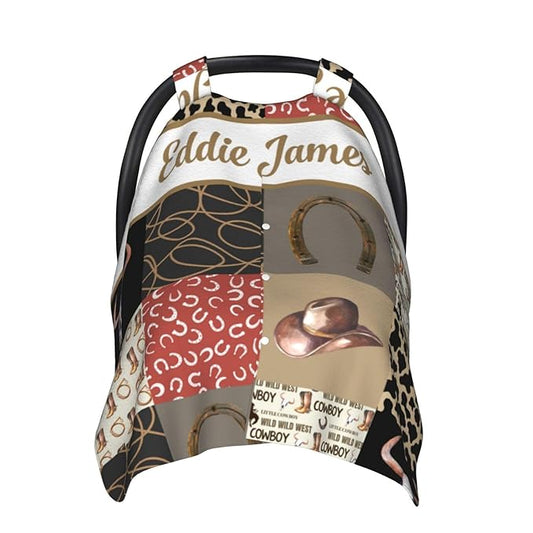 Custom Baby Car Seat Canopy with Name, Personalized Western Cowboy Baby Car Seats Covers for Baby Boy, Opening Minky Nursing Breastfeeding Cover for Infant, Carseat Canopies for Newborn