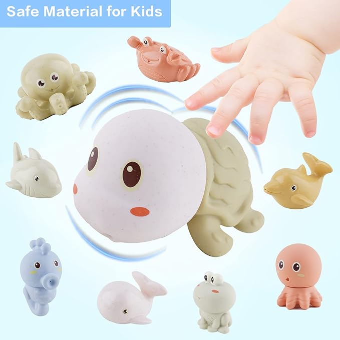 AMCHSURI Mold-Free Ocean Animal Bath Toys 10 Pack | Sensory Water Play Toys for Babies 6-18M & Toddlers 1-3Y | Safe Bathtub Pool Float Toys | Baby Shower, Birthday