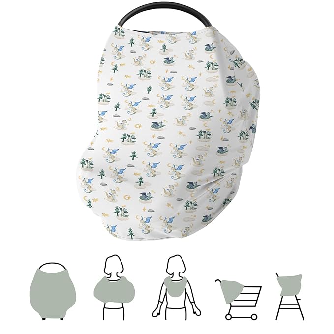 Fantasy Dragon Car Seat Covers for Baby Fairytale Dragons Moon Stars Clouds Trees Stretchy 5-in-1 Cover Adjustable Car Canopy Breastfeeding Cover Myth Animal Breathable Nursing Cover-Up