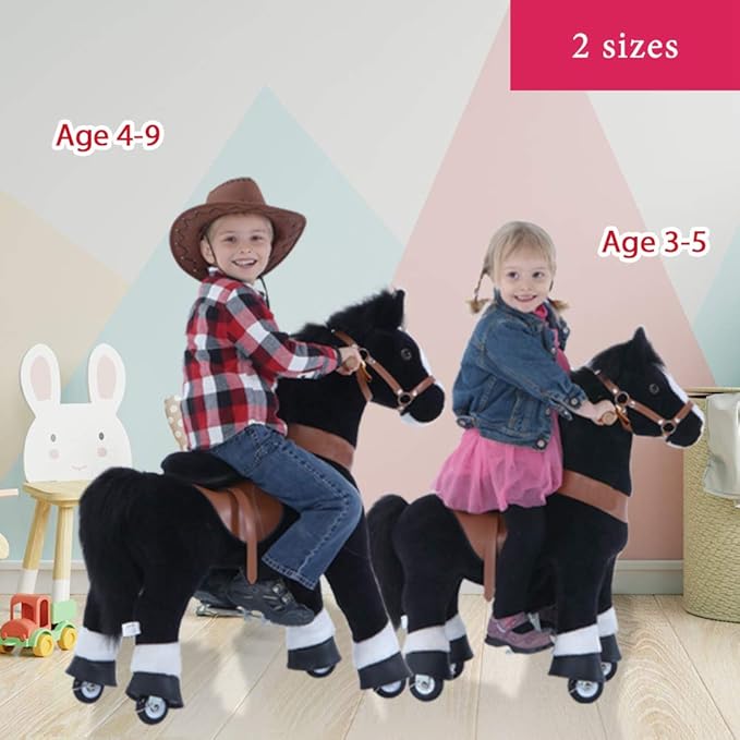 PonyCycle Ride on Horse with Brake, Sound & Pedal Pad, Classic Model U Walking Horse Mechanical Pony Black Giddy up Pony Plush Toy Walking Animal U3 for Age 3-5 Years -Ux326