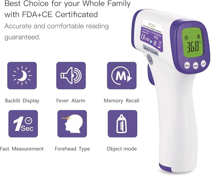 MOES Forehead Thermometer,Non-Contact Infrared Forehead °F/°C Digital Thermometer Fever Alarm and Memory Function for Anyone with Accurate LCD Display （Battery not Include）