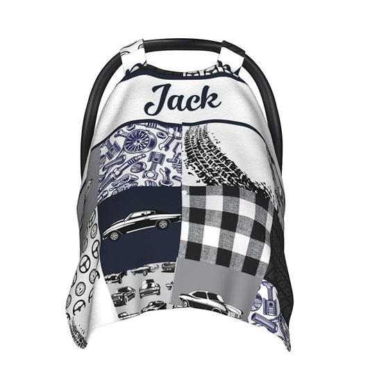 Personalized Baby Car Seat Canopy for Babies, Custom Name Car Seat Covers for Baby Boy, Opening Minky Nursing Breastfeeding Cover for Infant, Carseat Canopies for Newborn (Car Blue)