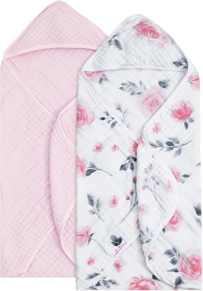 david's kids 2 Pack Hooded Baby Towels, 100% Muslin Cotton 6-Layer Ultra Soft Breathable Absorbent Baby Bath Towels for Infant and Toddler, Newborn Essentials, Large 32x32Inch, Floral