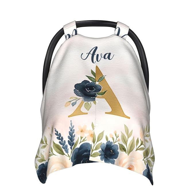Personalized Baby Car Seat Canopy for Babies, Custom Name Car Seat Covers for Baby Girls,Rose Navy Pink Opening Minky Nursing Breastfeeding Cover for Infant, Carseat Canopies for Newborn