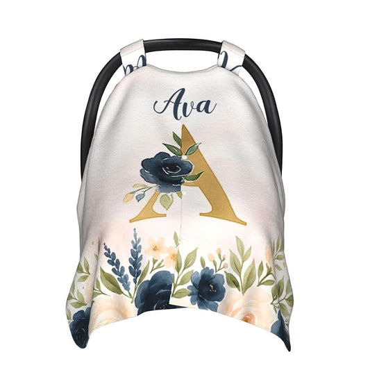 Personalized Baby Car Seat Canopy for Babies, Custom Name Car Seat Covers for Baby Girls,Rose Navy Pink Opening Minky Nursing Breastfeeding Cover for Infant, Carseat Canopies for Newborn