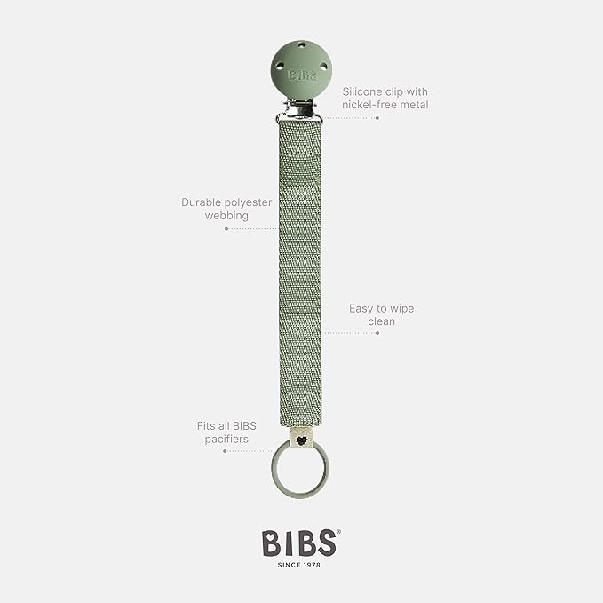 BIBS Pacifier Clip Ribbon - Secure Your Baby's Pacifier with Durable Polyester Webbing and Nickel-Free Metal Clip - Compatible with All BIBS Pacifiers - Sage