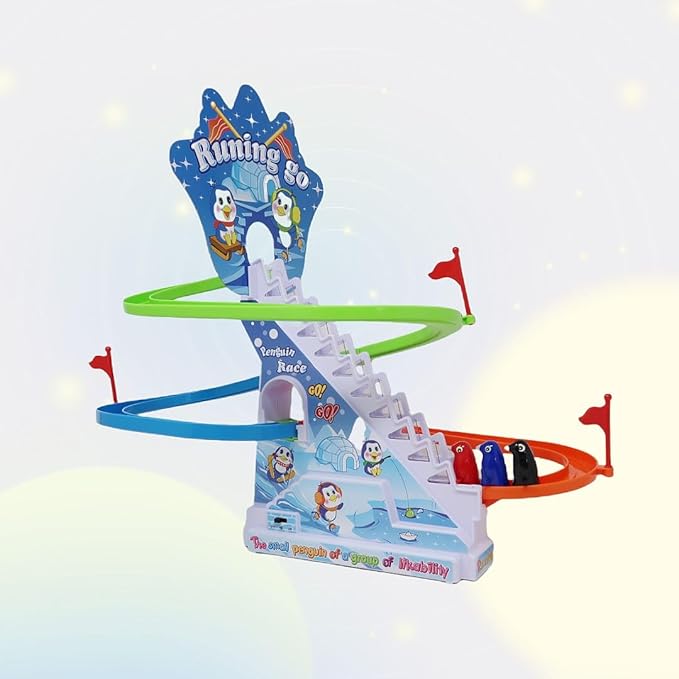Musical Fun Penguin Chasing Track Game, Playful Roller Coaster Toys for Toddlers and Kids, Playset with Flashing Light,On and Off Music Switch, Stair Climbing Penguins Set for Kids 3+