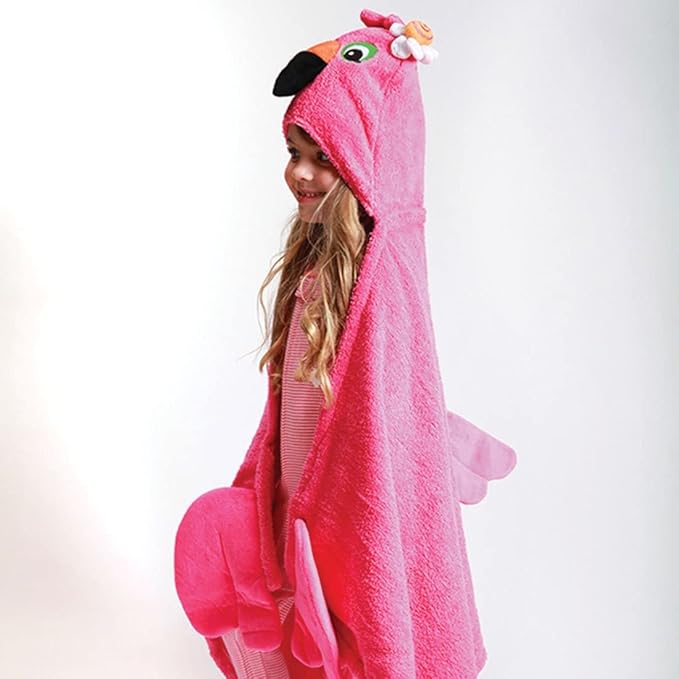 ZOOCCHINI Hooded Bath Towel for Kids 100% Cotton Terry, Plush & Absorbent for Bathtime or Pool, 50" x 22" 2-6 Years, Franny the Flamingo