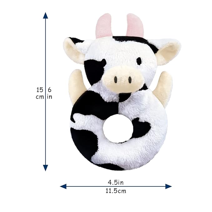 Baby Cow Soft Rattle Toy, Dairy Cattle Plush Infant Shaker Rattle Easy-Grasp Stuffed Animal Toy, Gifts for Newborns Babies Toddlers Boys Girls, Pink Horns, 6 Inches