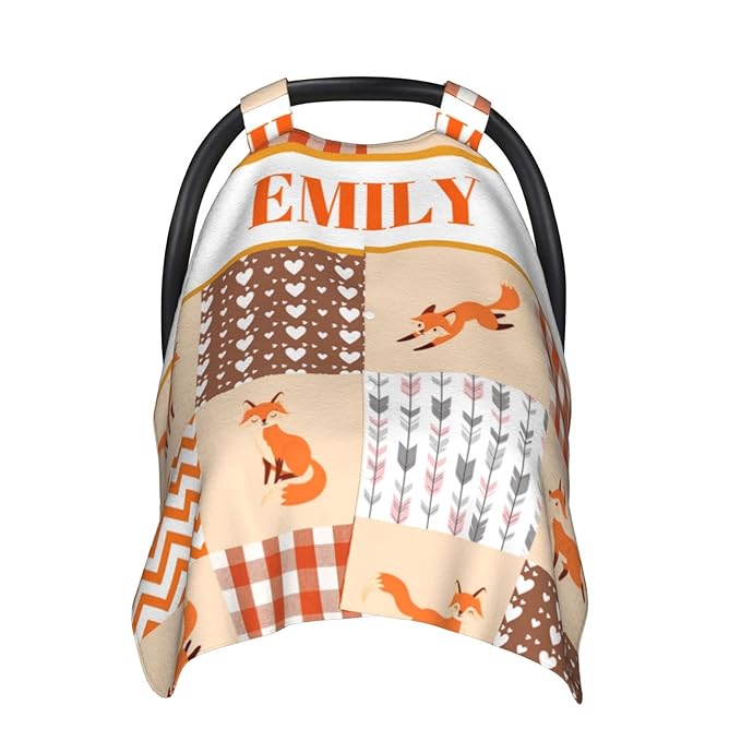 Personalized Baby Car Seat Canopy for Babies, Custom Name Car Seat Covers for Boys and Girls, Opening Minky Nursing Breastfeeding Cover for Infant, Carseat Canopies for Newborn (Cute Fox)