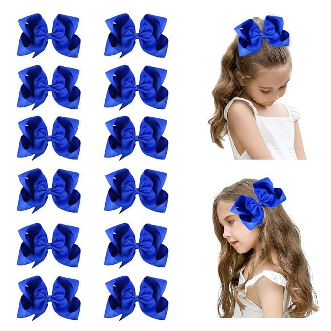 DEEKA 12 PCS 6" Big Hand-made Grosgrain Ribbon Hair Bow Alligator Clips Hair Accessories for Little Teen Toddler Girls - Roayl Blue