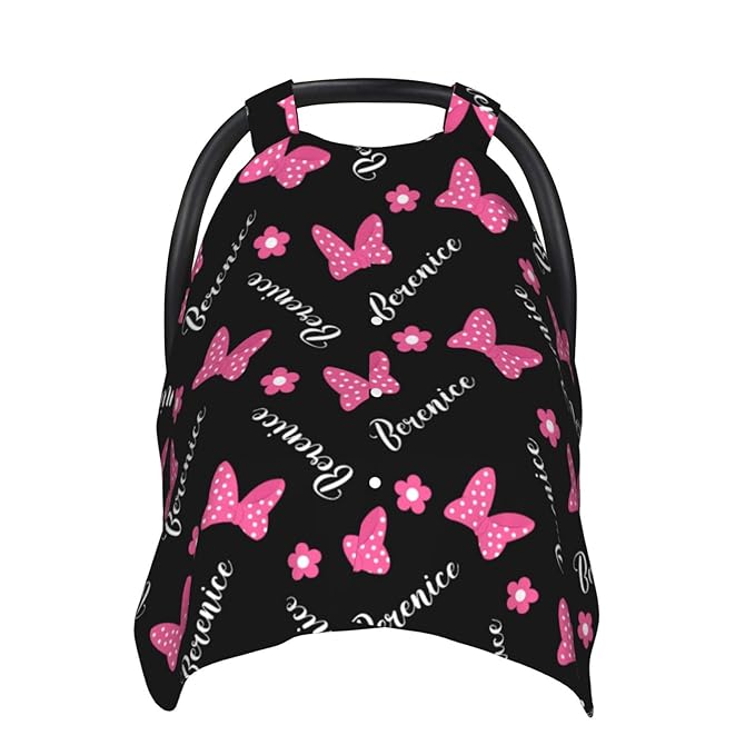 Custom Baby Car Seat Cover with Name – Personalized Pink Bow Nursing Cover, Infant Carseat Canopy, Shopping Cart Cover – Soft, Breathable & Warm – Ideal Shower Gift for Baby Girls