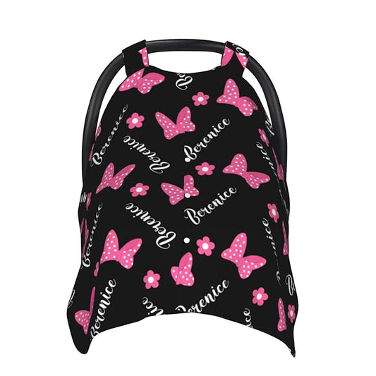 Custom Baby Car Seat Cover with Name – Personalized Pink Bow Nursing Cover, Infant Carseat Canopy, Shopping Cart Cover – Soft, Breathable & Warm – Ideal Shower Gift for Baby Girls