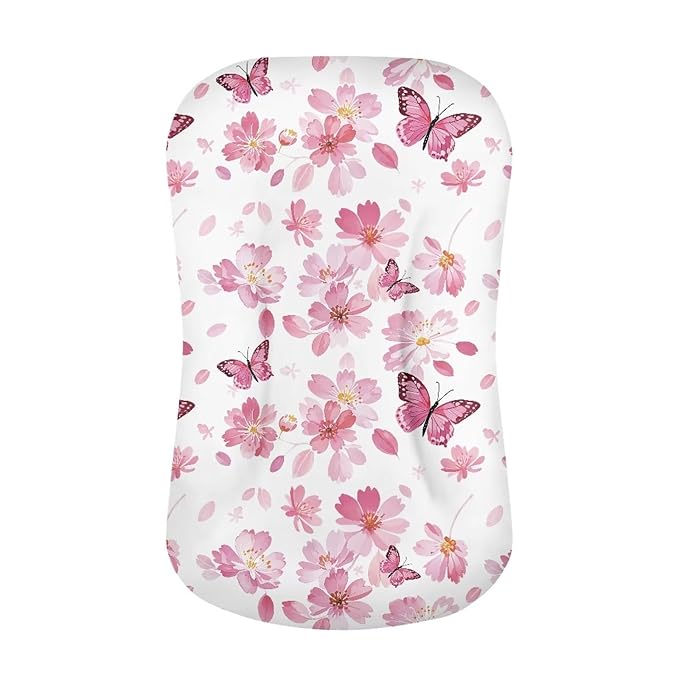 Cherry Blossom Butterfly Newborn Lounger Cover for 0-12 Months Girls Breathable & Portable Infant Lounger Case Universal Baby Lounger Replacement Cover