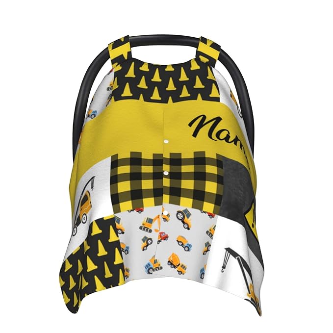 Personalized Excavators Trucks Construction Baby Car Seat Canopy for Babies with Name, Custom Car Seat Covers for Boys, Opening Minky Nursing Breastfeeding Cover Infant Carseat Canopies for Newborn