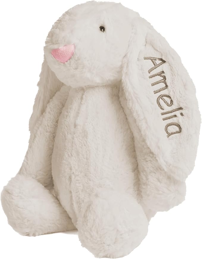 Personalized Super Soft Plush Bunny - Stuffed Animal Toy for Kids - Custom Gift with Embroidered Name on Ear for Easter, (Beige, Medium)