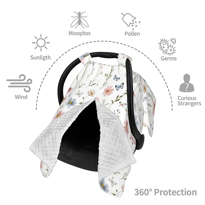 Wildflower Carseat Covers Baby, Winter Carseat Cover for Baby, Minky Baby Car Seat Cover for Boy & Girl, Peekaboo Opening Car Seat Canopy for Newborn, Boho Multi Use Mom Nursing Cover, Wildflower