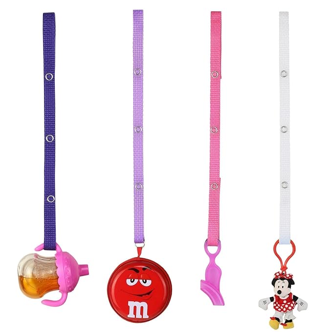 Baby Buddy Secure-A-Toy, Safety Strap Secures Toys, Teether, Pacifiers to Strollers, Highchairs, Car Seats, Keep Toys Sanitary, Adjustable, Registry Must Haves, Pink-Purple-Light Pink-White, 4 Count