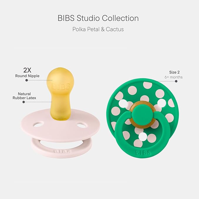 BIBS Polka Dots Pacifier 2-Pack, BPA Free Pacifiers with a Round Latex Nipple, Made in Scandinavia, Size 2 (6-18 Months), Petal/Cactus