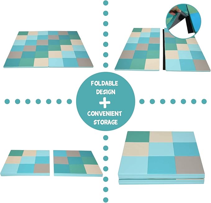 OLAKIDS Baby Foam Play Mat, Foldable 58'' x 58'' Toddler Collapsible Crawl Floor Mat, Waterproof Soft Thick Patchwork Play Mat for Kids Gym Nursery Playroom (Blue)