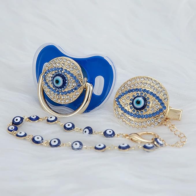 Lovely Evil Eye Gold Silver Pacifier and Clip Set BPA Free Safe Unique Design Luxurious Dummy Ideal Gift for Baby Show New Born