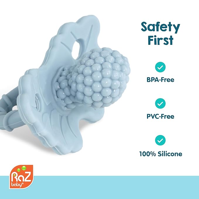 RaZbaby RaZberry Silicone Teether Pacifier – Teething Relief for Infants, Food-Grade, BPA-Free, Hands-Free Design, Natural Berrybumps Fruit Texture for Sensory Development, Freezable – Caramel