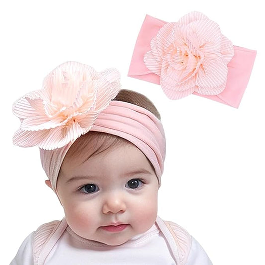 Large Flower Elastic headband for Baby Girl Infant Soft Fabric Chiffon Floral Hairband Toddler Newborn Christening Baptism Hair Accessories (Flower 1 - Pink, Elastic)