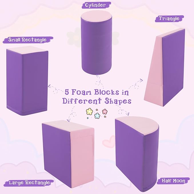 Costzon 5 Pieces Climbing Toys for Toddlers, Soft Foam Block Play Structures Infants Climbers for Child Development, Waterproof Kids Climbing Toys Indoor for Preschool Baby (Pink & Purple)