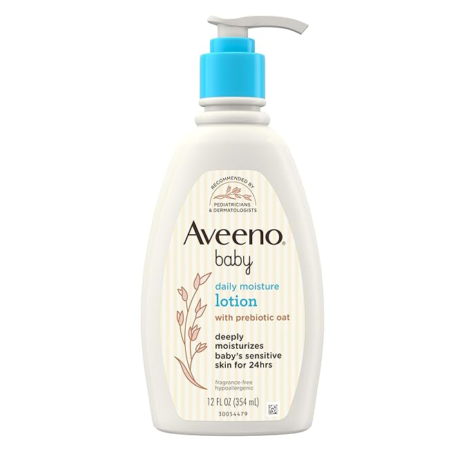 Aveeno Baby Daily Moisture Body Lotion for Sensitive Skin, Hypoallergenic Moisturizing Baby Lotion with Nourishing Oatmeal to Deeply Moisturize Baby's Skin, Fragrance-Free, 12 fl. oz