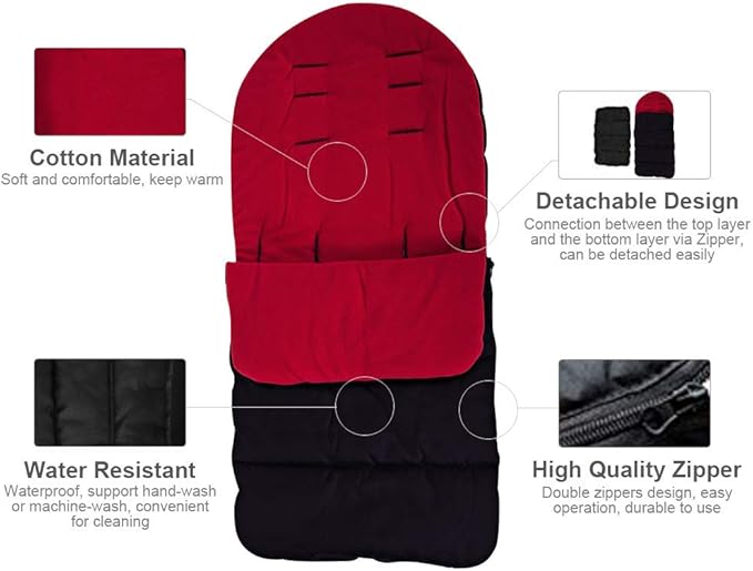 Universal Waterproof Baby Stroller Footmuff, Warm Winter Baby Bunting Stroller Cover with Dual Zipper, 3-Season Toddler Stroller Blanket for Cold Weather, Fit Infants Toddlers, Stroller(Red)
