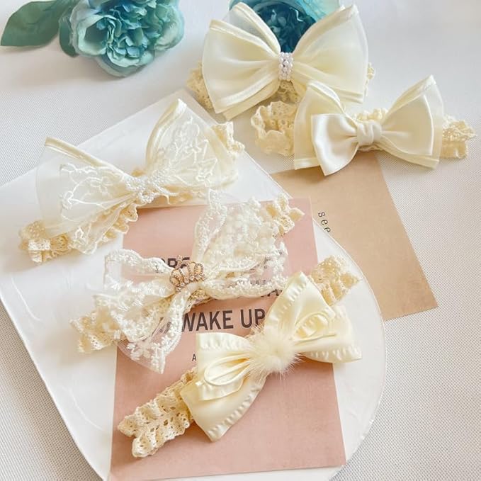 Cute Baby Girl Lace Headband Lace Bow Hair Accessories Elastic Bow Head Wrap for Newborn Infant Toddler Christening Baptism Party Hair Accessories for 0-36 Months (Ivory A, Free)