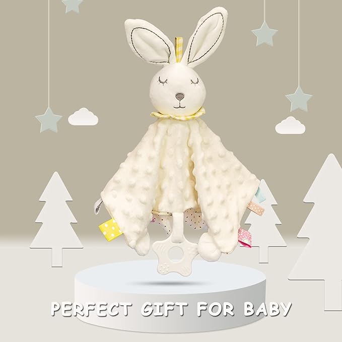 Lovey Bunny Security Blanket for Baby Girls Boys Soft Plush Stuffed Animal Blanket with Crinkle in Ear Infant Tags Security Blanket Taggy Rattle Toys Soothing Sensory Teether Toy Great Shower Gift