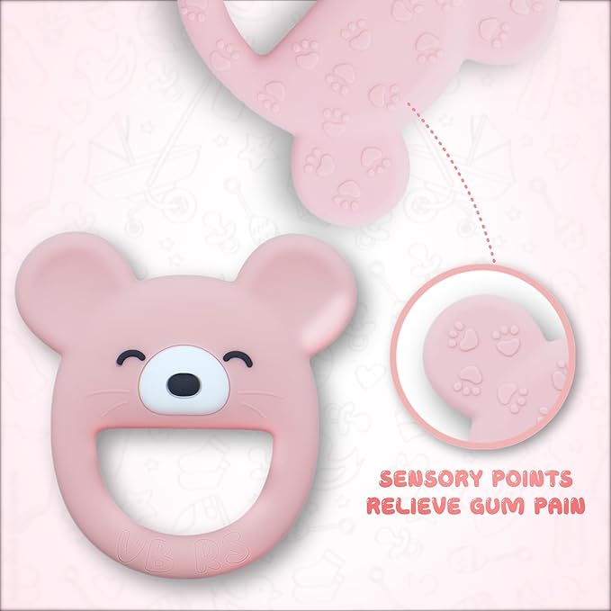 Baby Teether, Safe Chew Toy for Infants, Soothing Relief for Teething Pain, Cute Animal Shape, Easy Grip for Tiny Hands (Pink Mouse)