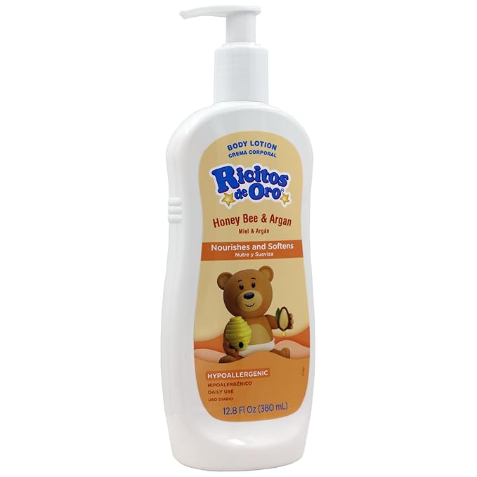 Ricitos de Oro Honey and Argan Baby Body Lotion That Helps Smooth Baby Skin -Hypoallergenic with Honey Bee Extract Delicious Scent, 2-Pack of 12.8 FL Oz Each, 2 Bottles.