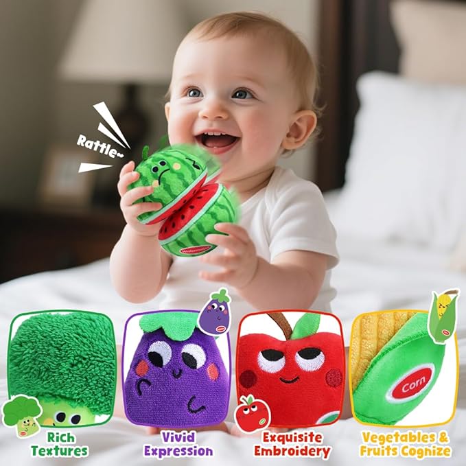 Sensory Bean Bags, Play Food for Toddler, My First Fruit Vegetable Basket Texture Sensory Toys with Crinkle Rattle, Color Sorting Matching Game, Easter Soft Plush Stocking Stuffers Baby Boy Girl