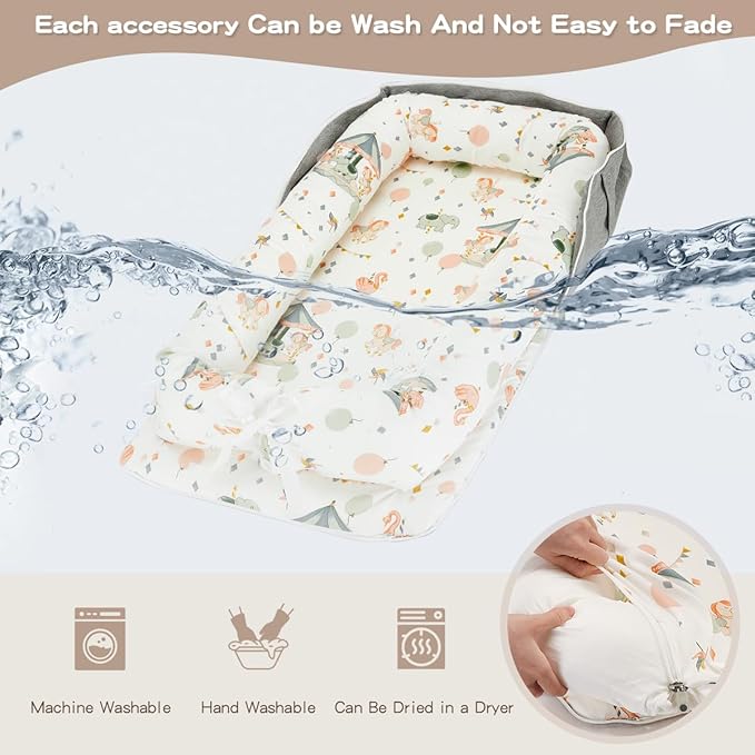 Baby Lounger, Portable Infant Lounger for Newborn, Adjustable Size Baby Nest for Infant 0-24 Months - Carousel
