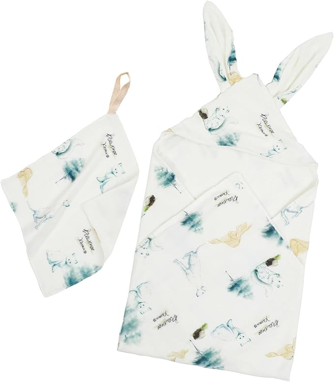 Baby Hooded Towel Set：28"x28" Inch Bamboo Viscose & Cotton Muslin,Ultra Soft Bunny Ear Hood with Cat,Squirrel and Dog Print - Absorbent Bath/Swim Towel for Newborn Toddler (Cat and Dog)