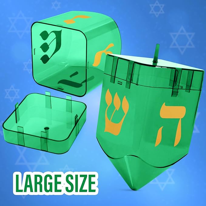 Large Fillable Dreidels for Hanukkah, Pack of 4 Plastic Dreidels Bulk, Green Large Dreidels That Bring Joy and Tradition to Every Celebration