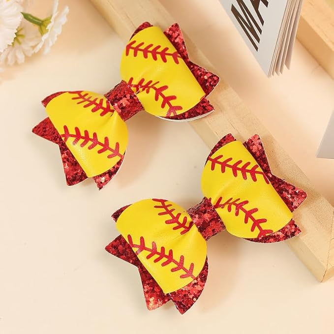 4PCS Baby Girl Hair Bow Clips Baseball and Softball Glitter Hair Bow Clips for Girls, Faux Leather Double Layer Sequin, Cheerleading Hair Accessories for Little GirlsToddler Kids Teens