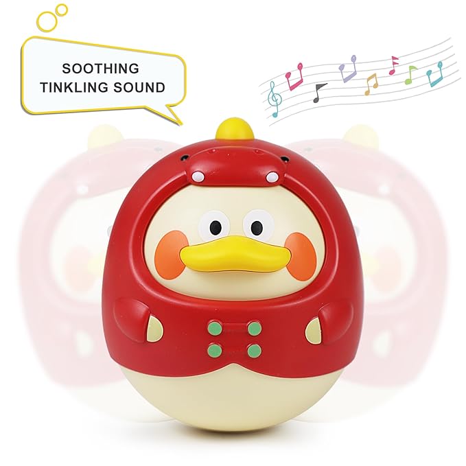 Tinabless Tummy Time Toys, Dinosaur-Duck Roly Poly Baby Toy, Musical Wobbler Toy | Tumbler Wobbler Toy for Newborns 3-12 Month Baby Boys and Girls Easter Basket Gift First Birthday Present (Red)