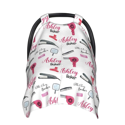 Personalized Baby Car Seat Canopy for Babies, Custom Name Baby Car Seats Covers for Boys Girls, Opening Minky Nursing Breastfeeding Cover for Infant Newborn, Carseat Canopies (Future Barbers)